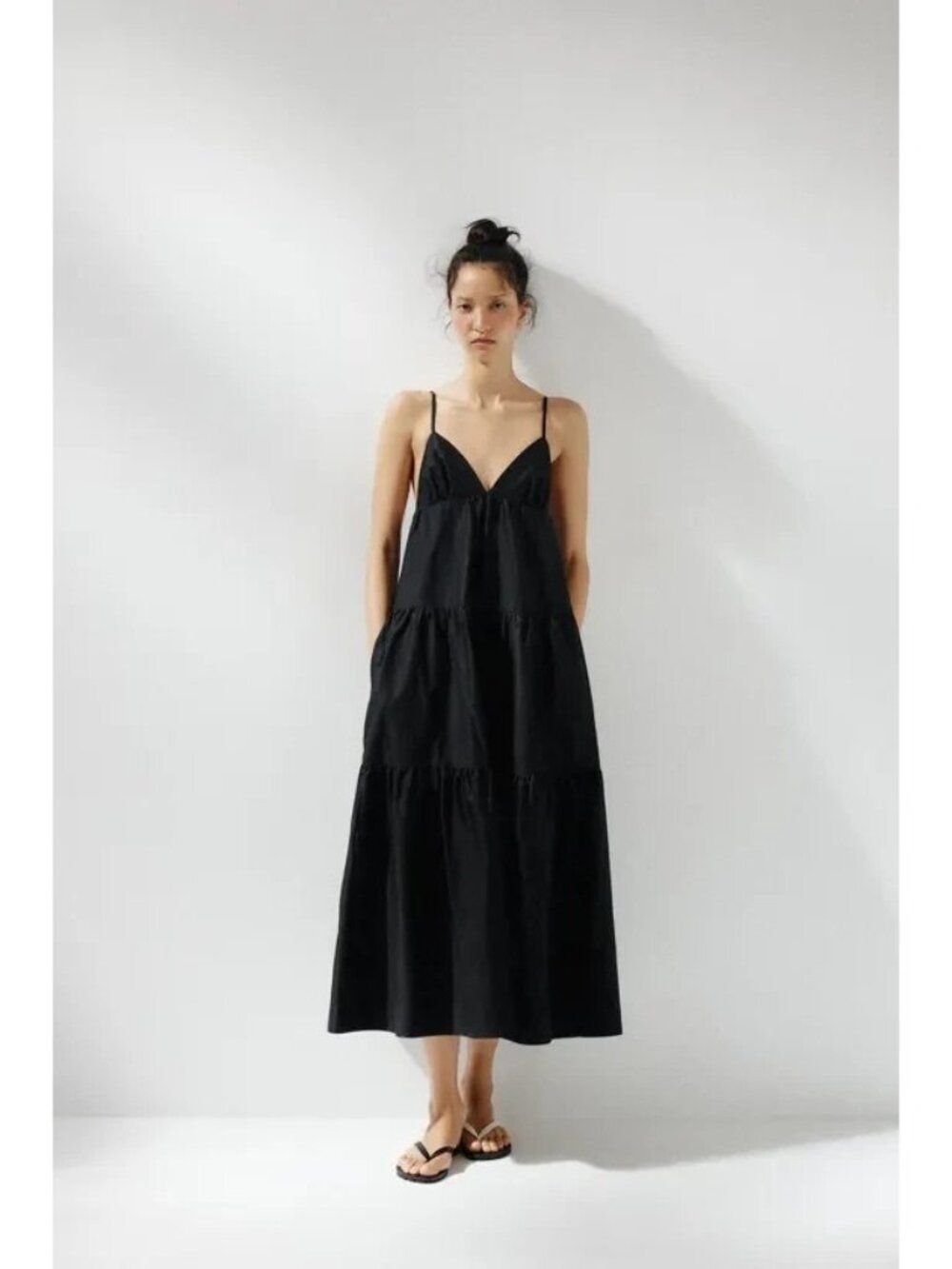 Zara Womens Sundress Dress S Black Cotton Tiered Midi Sleeveless 4772/215 NWT